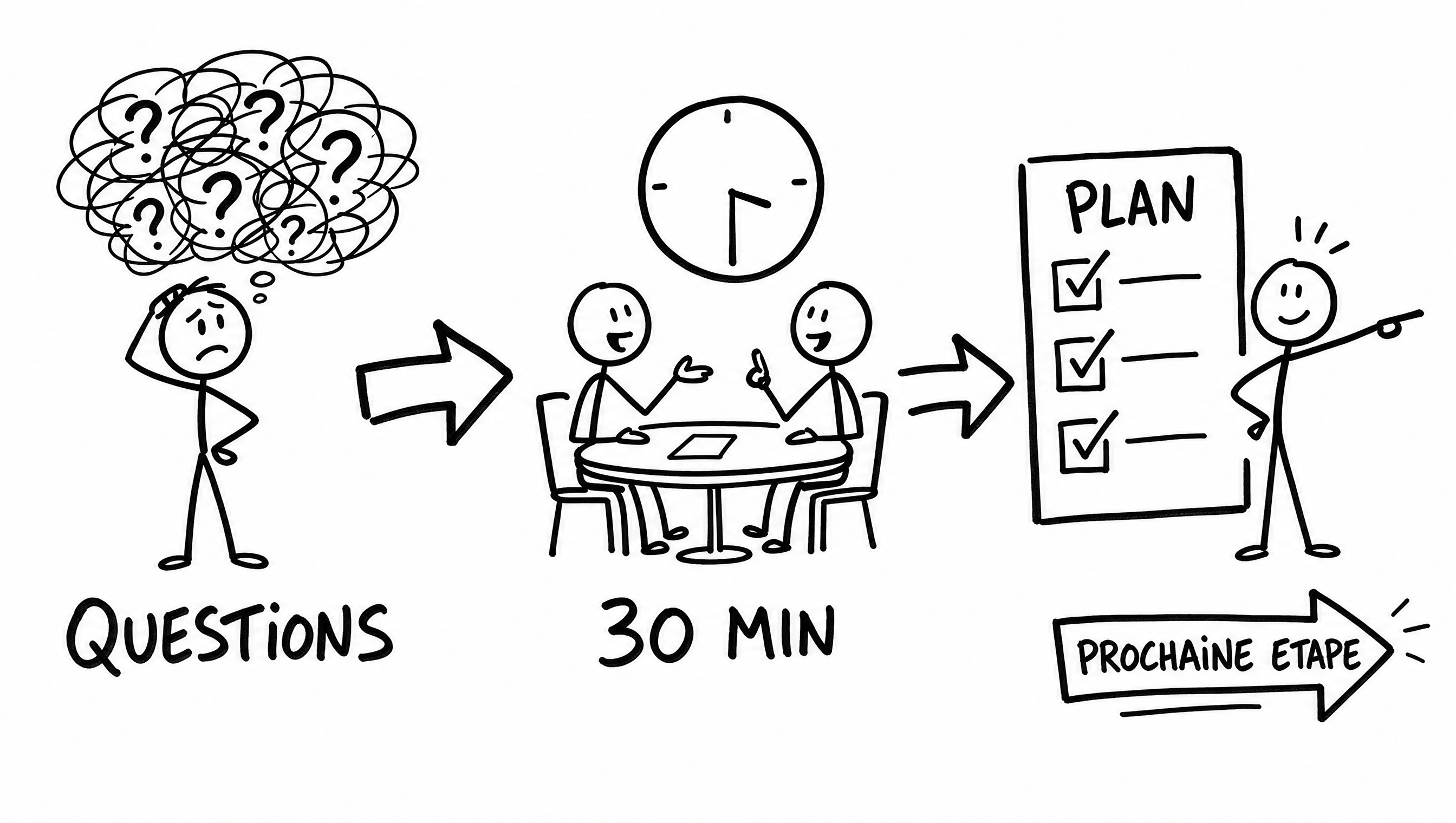 Schéma dessiné : un rendez-vous de cadrage de 30 minutes qui transforme un tas de questions floues en un plan clair avec la prochaine étape.