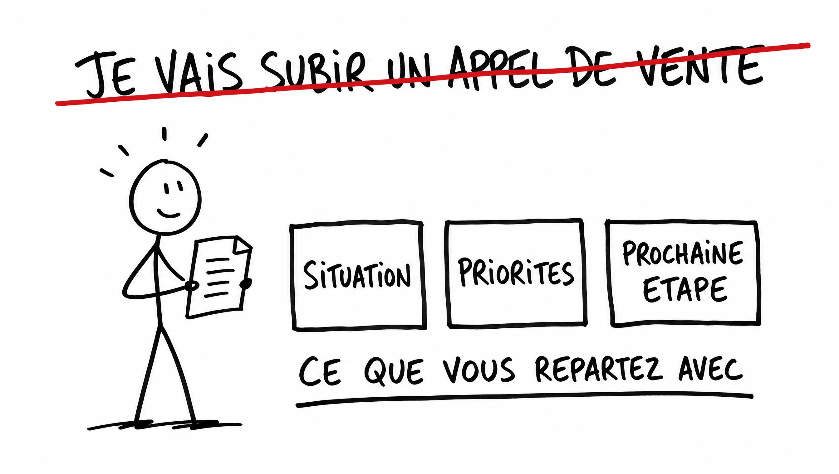 Schéma dessiné : l'idée de subir un appel de vente est barrée ; vous repartez avec votre situation, vos priorités et la prochaine étape.