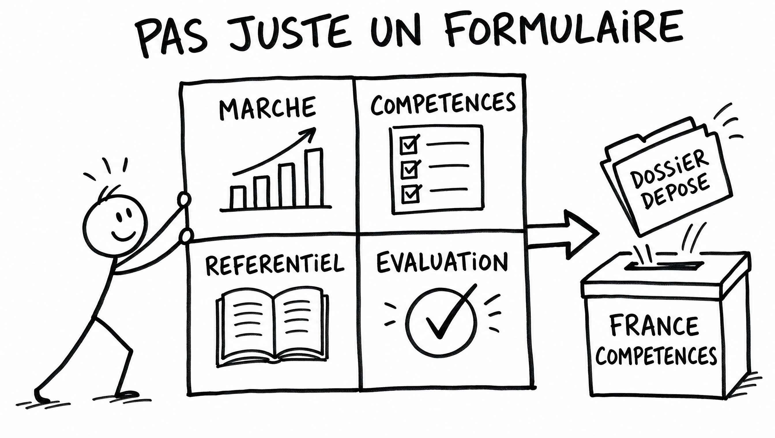 Avant : vous croyez qu'inscrire une formation au RS ou au RNCP est un simple formulaire. En réalité France Compétences attend un référentiel, un marché, des compétences et une évaluation. On construit le dossier complet et on le dépose.